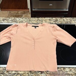 Express Blush Pink V-Neck Button-Trim Short Sleeve Top